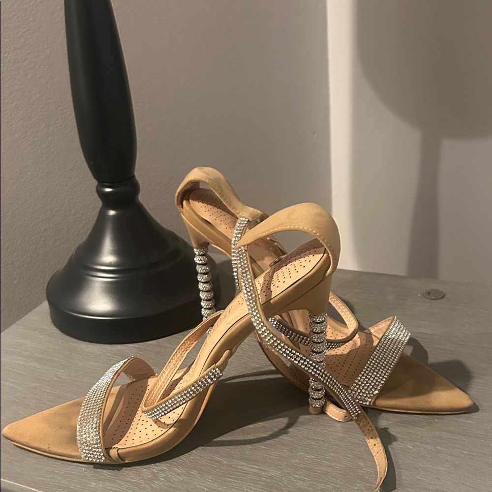 Elegant Nude Rhinestone-Strap Women's Heels EUC